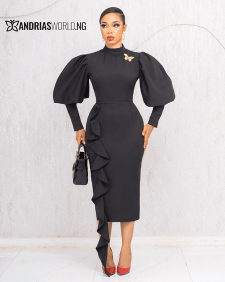 BLACK MIDI DRESS WITH SIDE FRILLS (EXCLUDING BROOCH)
